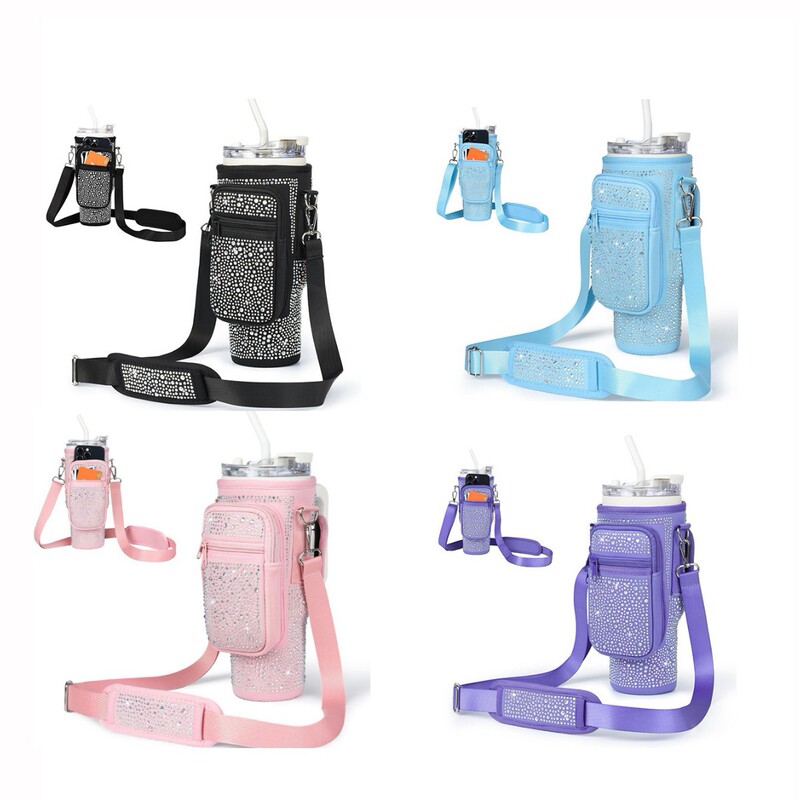 Diving Material 40oz Rhinestone Cup Sleeve Stanley Embossed Handle Diamond Bottle Sleeve Water Bottle Bag with Shoulder Strap Portable Shoulder Strap