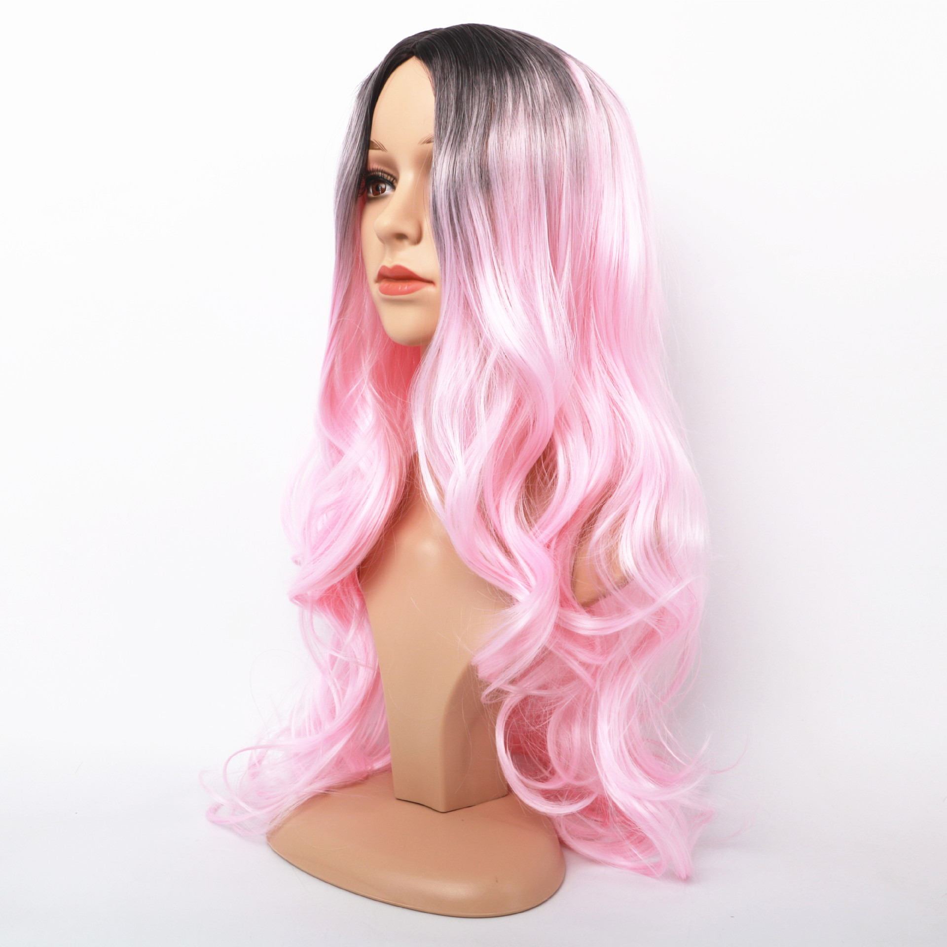 Perruque synthétique femme perruque noir dégradé rose longue sexy grande vague bouclés teints fibre synthétique bandeau cheveux_voghion.com