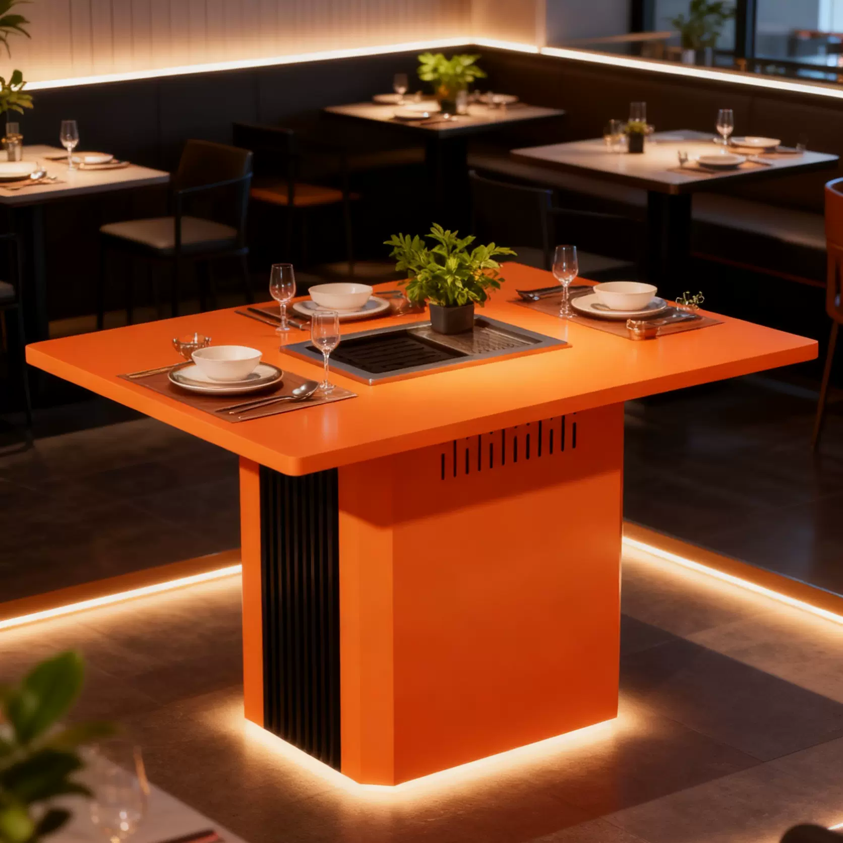 主题特色不锈钢火锅桌电磁炉一体韩式自助无烟烤涮饭店餐桌椅商用