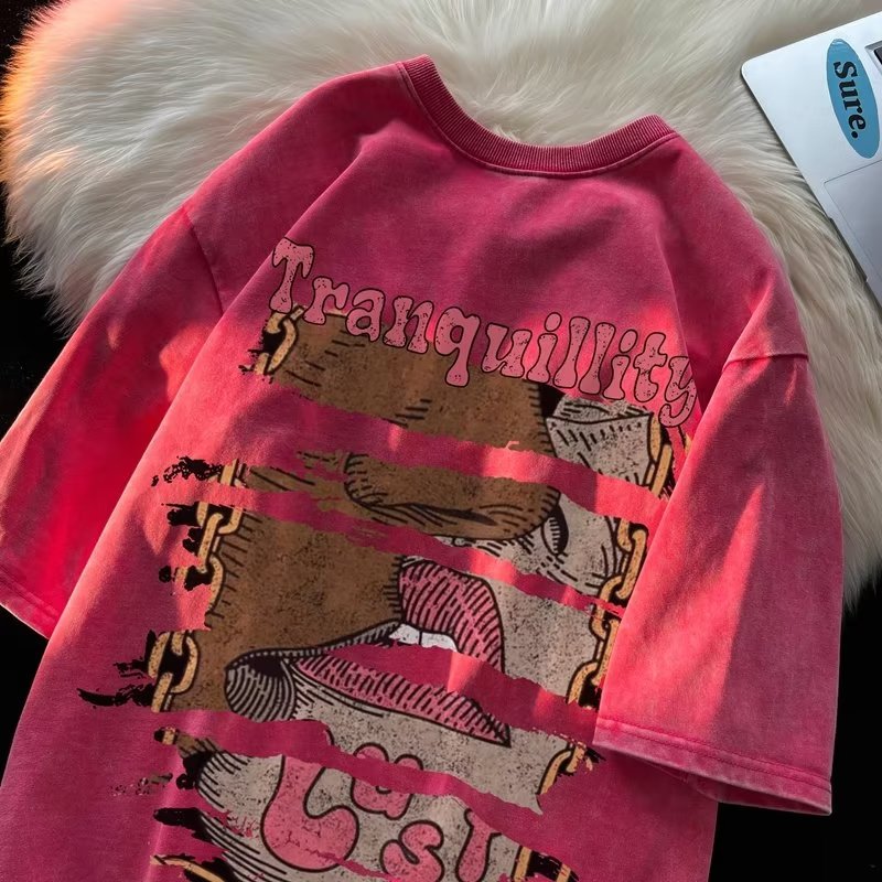 Camiseta de manga corta de algodón de la marca de moda de la calle alta estadounidense para hombres verano retro marea casual lavado viejo media manga guapo camiseta