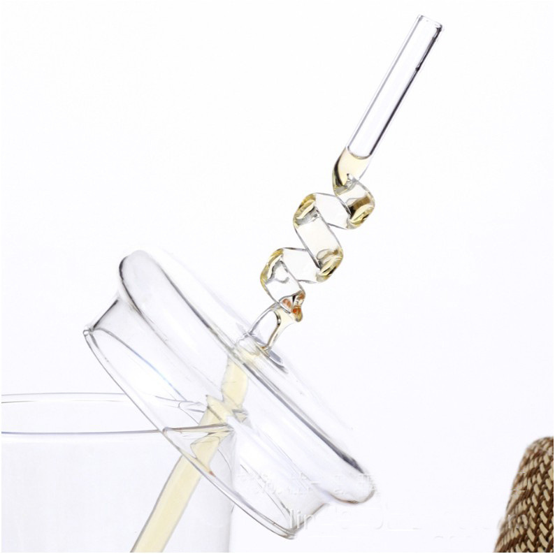Arte creativo Forma de vidrio curvado de paja transparente de forma especial de alta temperatura resistente bebida de jugo de fruta para mujeres embarazadas y niños