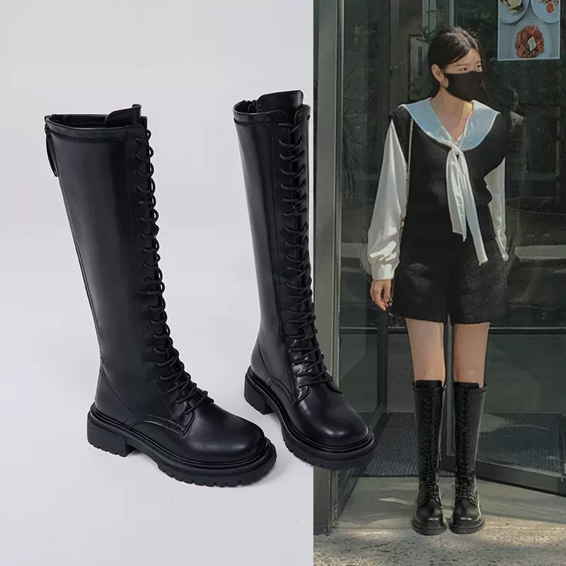 高筒长靴女不过膝骑士靴子2023秋冬显瘦暗黑系带马丁靴长筒靴女靴