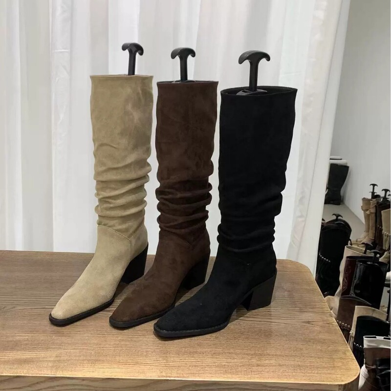 High-Heeled Khaki Stacked Long Riding Boots for Women, 2025 New Spring, Autumn, and Winter Coffee-Colored Slim Mid-Calf Boots