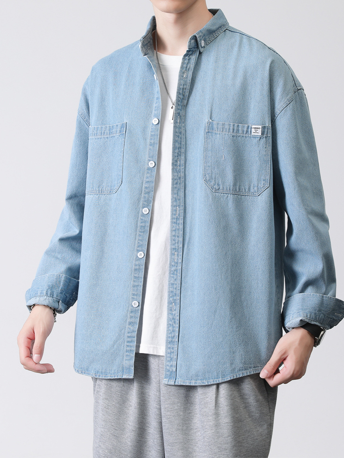 LKTM hombres # camisa hombres Otoño e Invierno Nuevo lavado suelto Denim estilo coreano de moda camisa de manga larga chaqueta de ropa de trabajo