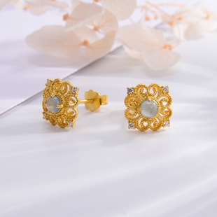 Jin Yutang Silver-inlaid Emerald Filigold Stud Earrings