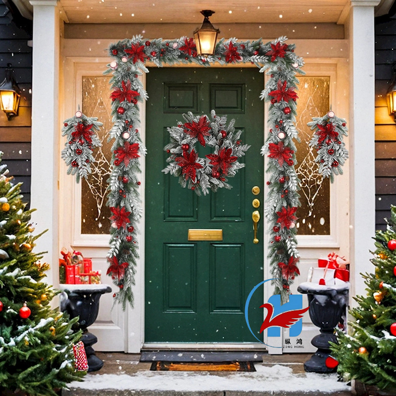 国境を越えた売れ筋クリスマスガーランドベルベットレッドフラワー模造クリスマスデコレーションセットホリデーガーランド逆さまホームデコレーション|undefined