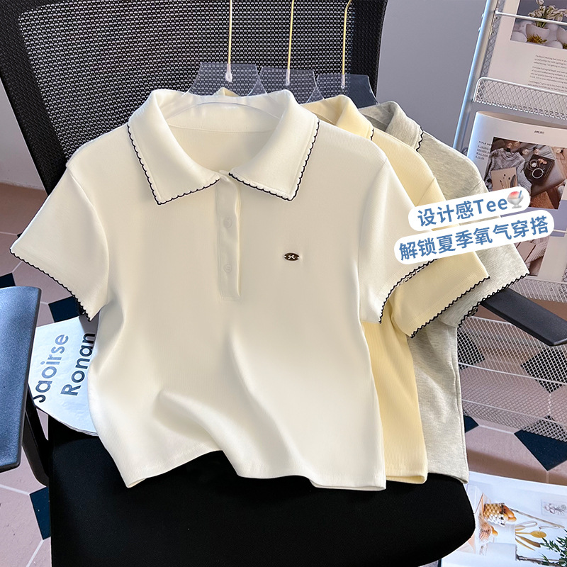 日系Polo领正肩短袖T恤女2025夏季新款小清新时尚修身短款上衣