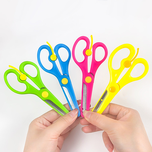 Factory wholesale children's effortless elastic DIY scissors with plastic edge and rounded tip, non-slip DIY handicraft paper cutting scissors