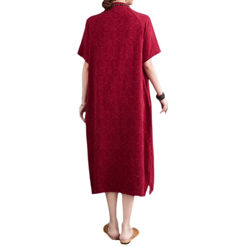Summer Cotton-linen Dress 2023, Plus-size Loose Jacquard Button-up Short-sleeve Dress, Vintage Zen-style Linen Robe_voghion.com