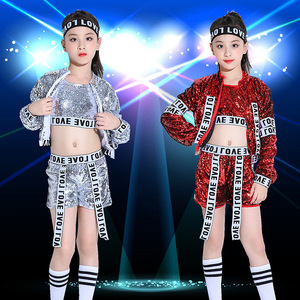Children kids red silver sequined jazz dance costumes rapper gogo dancers hip-hop dance suit model show modern dance stage performances outfits for boys girls