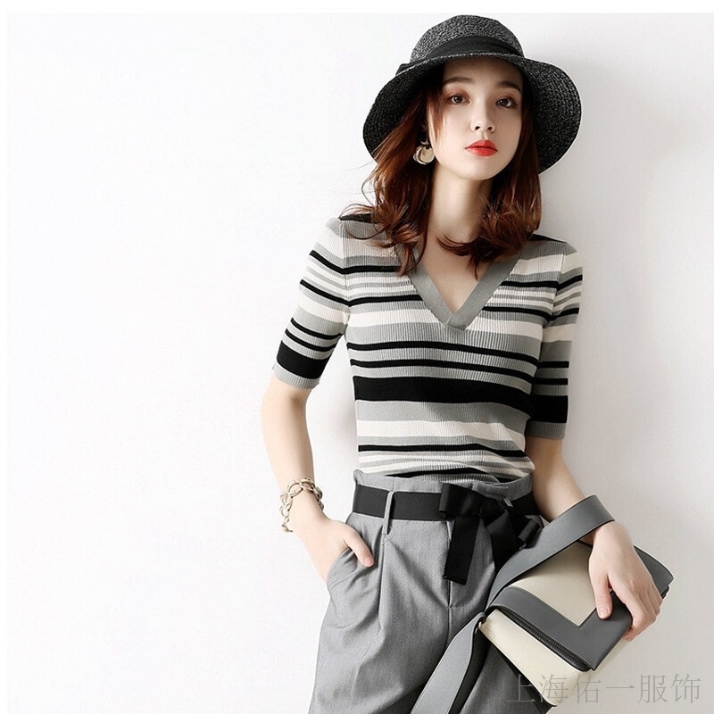 Commuting Temperament Represents Early Autumn Knocking Two-Color Contrast Cross V-Neck Mid-Sleeve Slim-Fit Stretch Sweater