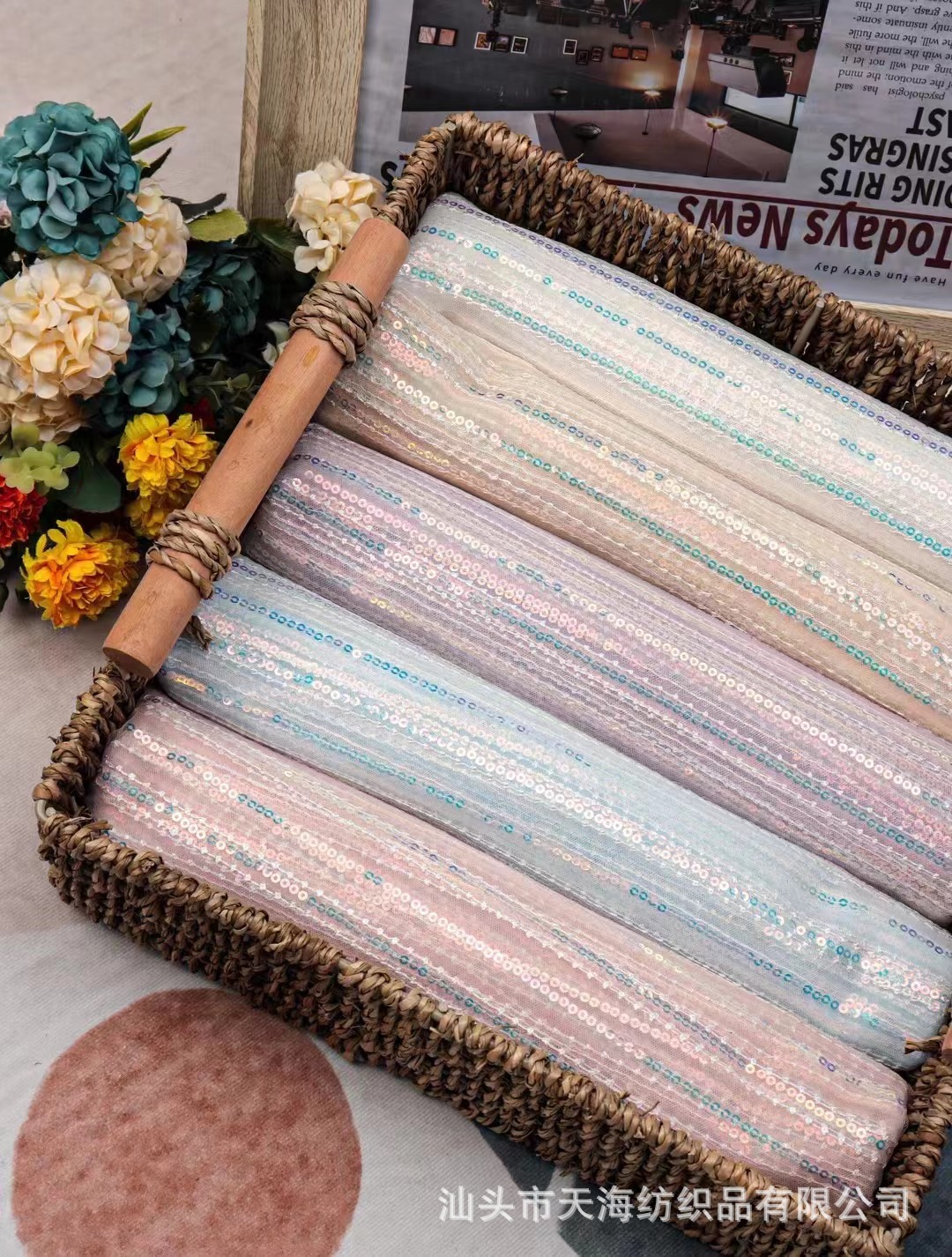 厂家直批新款现货 网纱幻彩竖条珠绣 童装连衣裙面料