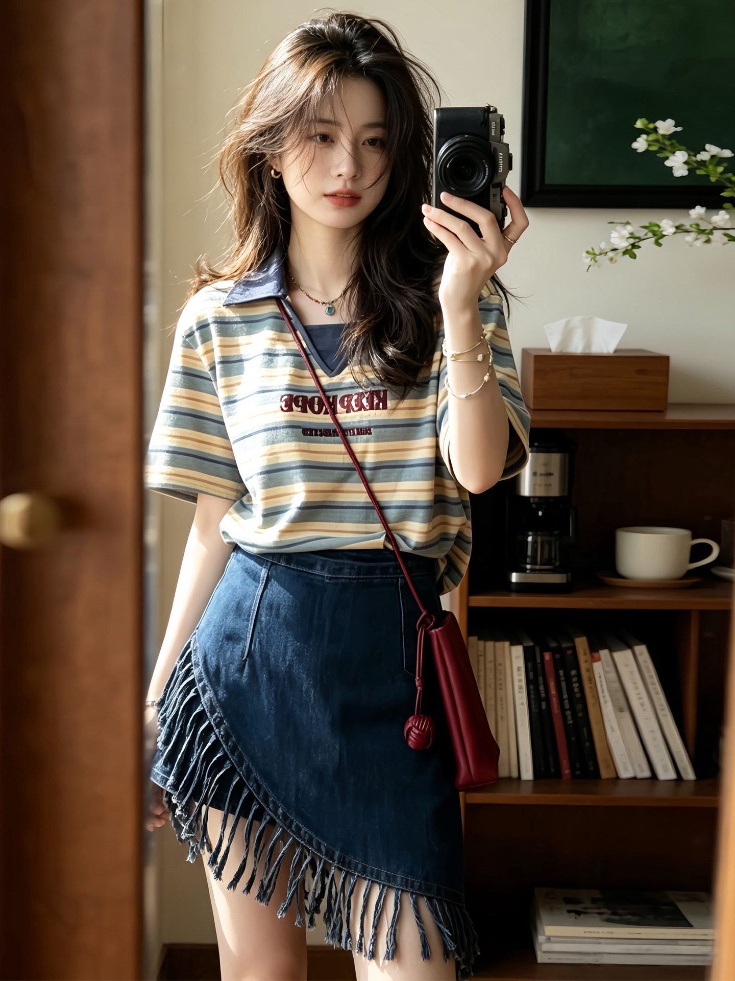 Bộ áo thun sọc ngắn tay kết hợp chân váy jean nữ phong cách Hàn Quốc — Trang chủ