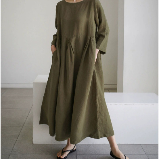 BF Pullover Crewneck Over-the-Knee Long Dress Temperament Academic Style Mori Women's Base Shirt Large Size Loose Cotton and Linen Dress for Women BF Pullover Crewneck Over-the-Knee Long Dress Temperament Academic Style Mori Women's Base Shirt Large Size Loose Cotton and Linen Dress for Women