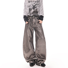 新款显瘦阔腿烫银牛仔女拖地做旧百搭宽松适合水洗潮牛仔裤男裤子