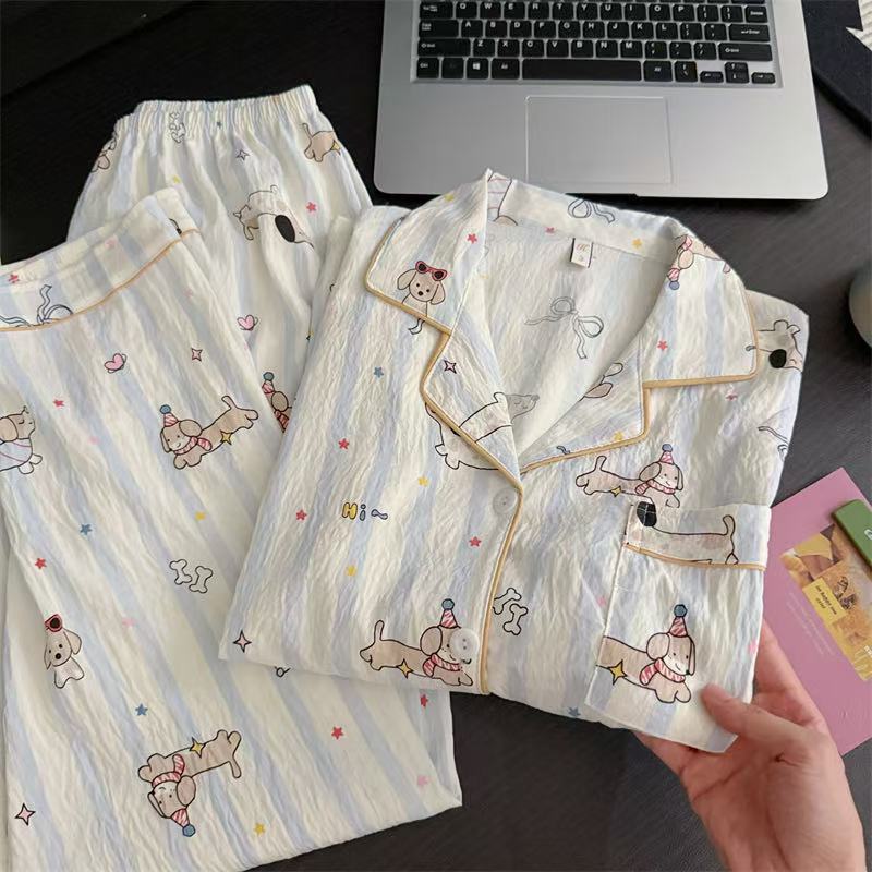 Source Factory Spring and Autum Long-Sleeved Pants Pajamas for Women Cloud Cotton Korean Style Cartoon Sweet Ins Style Cardigan Suit