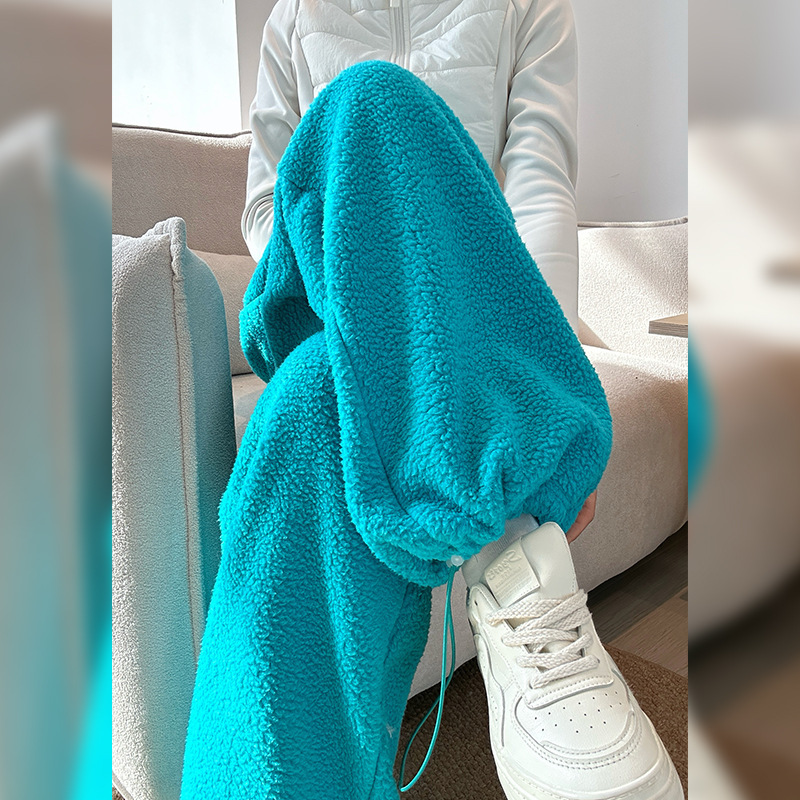 Lamb Wool Thickeneded Warm Wide-Leg Pants for Women in Autumn and Winter Teddy Velvet Pants Loose Polar Fleece Drawstring Leggings Casual Pants