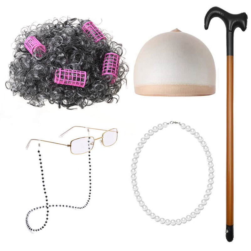 Amazon 100 Days of School Grandma Wig Cos Elderly Grandpa Crutches Wig Dress up Set