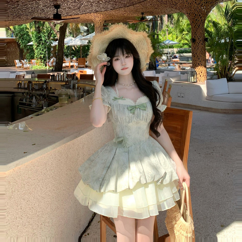 2026 Summer New Style Fresh Lace Puff Sleeve Jacquard Waist-Cinching Girly Princess Puffy Dress for Girls 2026 Summer New Style Fresh Lace Puff Sleeve Jacquard Waist-Cinching Girly Princess Puffy Dress for Girls