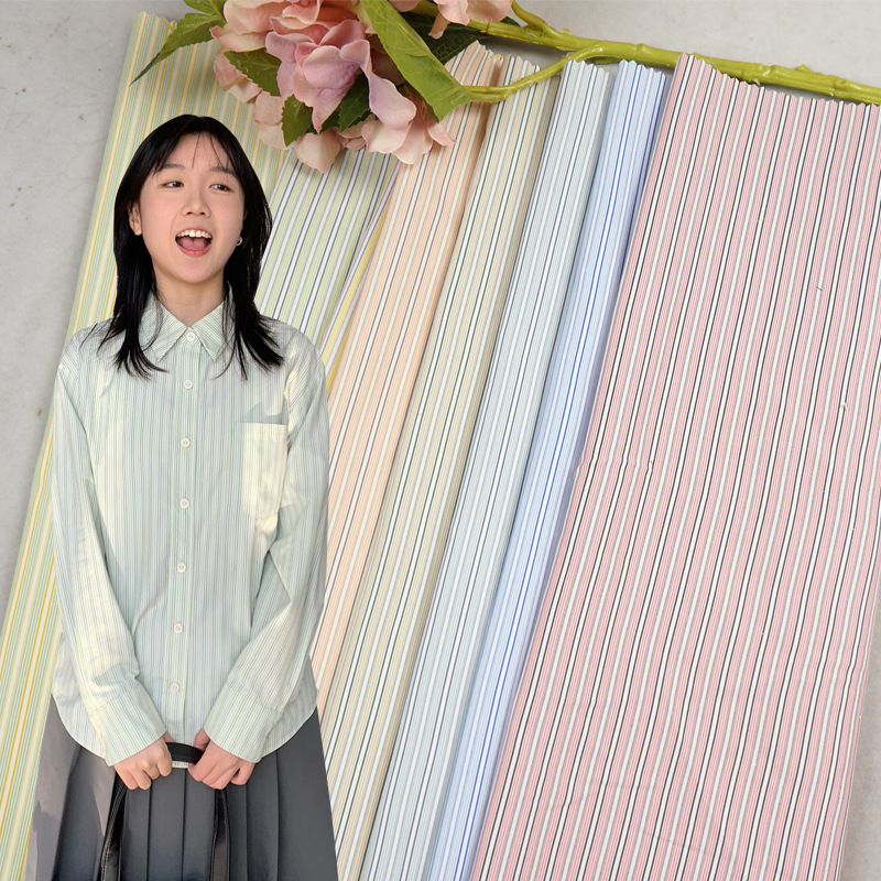 春夏休闲衬衫条纹面料 涤纶人棉色织条子布 童装裙子时装布料批发