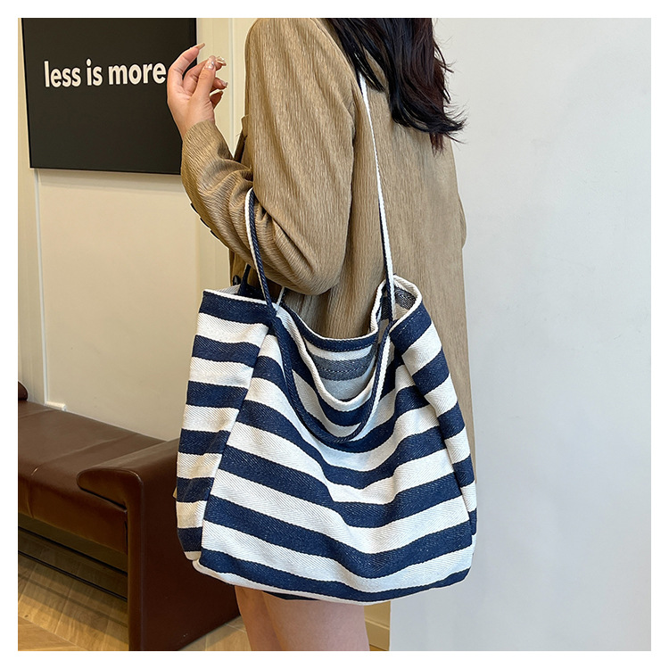Laid-back striped canvas bag, Korean ins artistic color-blocking tote bag, large-capacity single-shoulder bag, shopping bag, large bag undefined