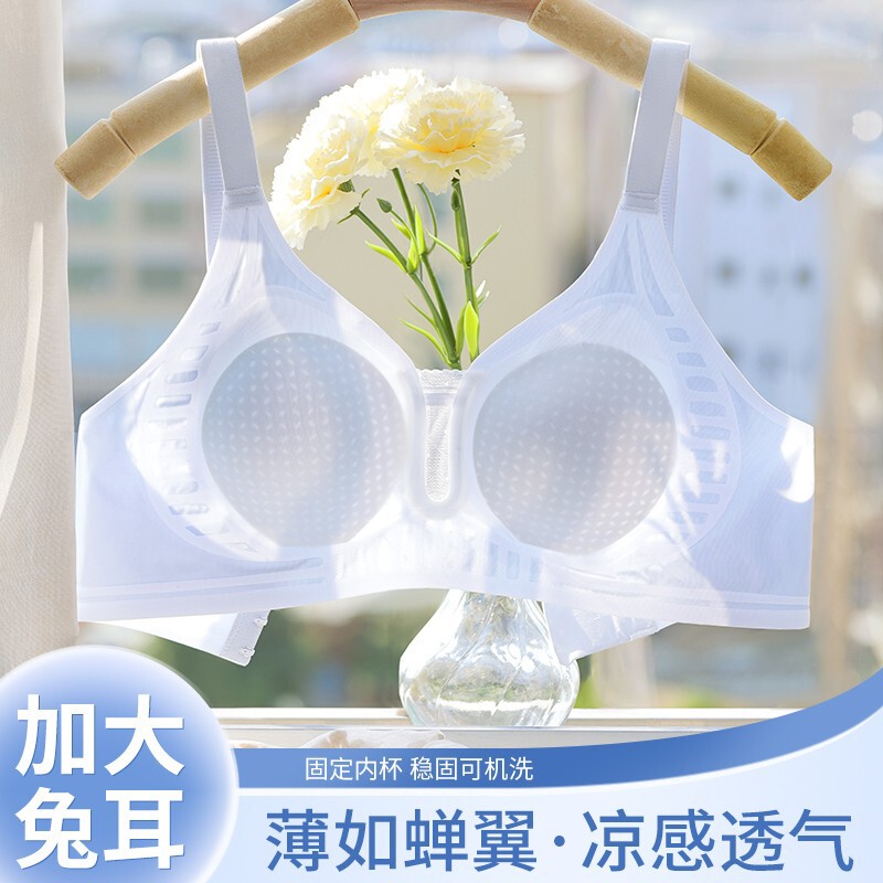 Lightweight rabbit ear cup push up underwear Women's Big chest small cool feeling thin breast collection comfortable seamless Ice Silk Bra
