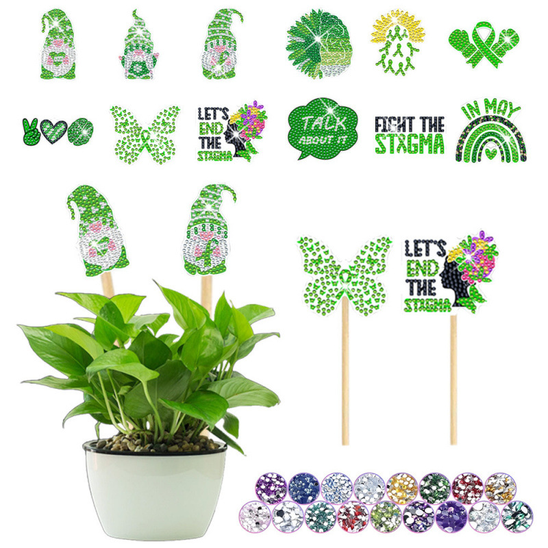 Estacas decorativas para macetas con diseño de flores para decoración de plantas en el hogar y escritorio, fabricante de estacas de jardín hechas a mano con pegatinas de diamantes DIY.