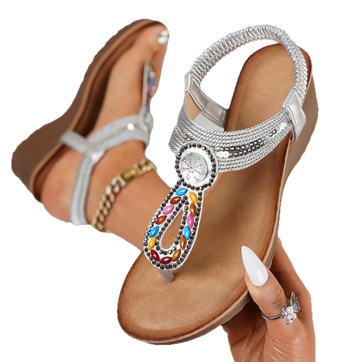 2026 Sandalen Bohemian Strass Ronde Neus Strand Vakantie Wig Hak Grote Maat Damesschoenen_voghion.com