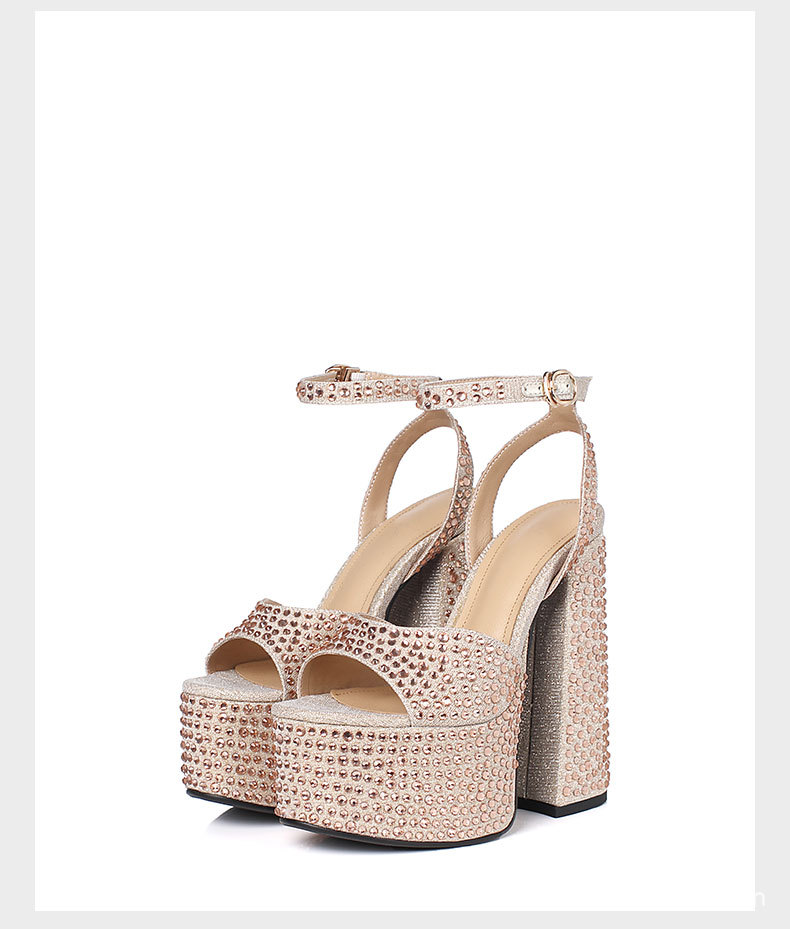 Sandal nữ siêu cao gót da thật đế dày chống trượt đính đá rhinestone gót 15 cm — Rượu sâm banh chi tiết 21
