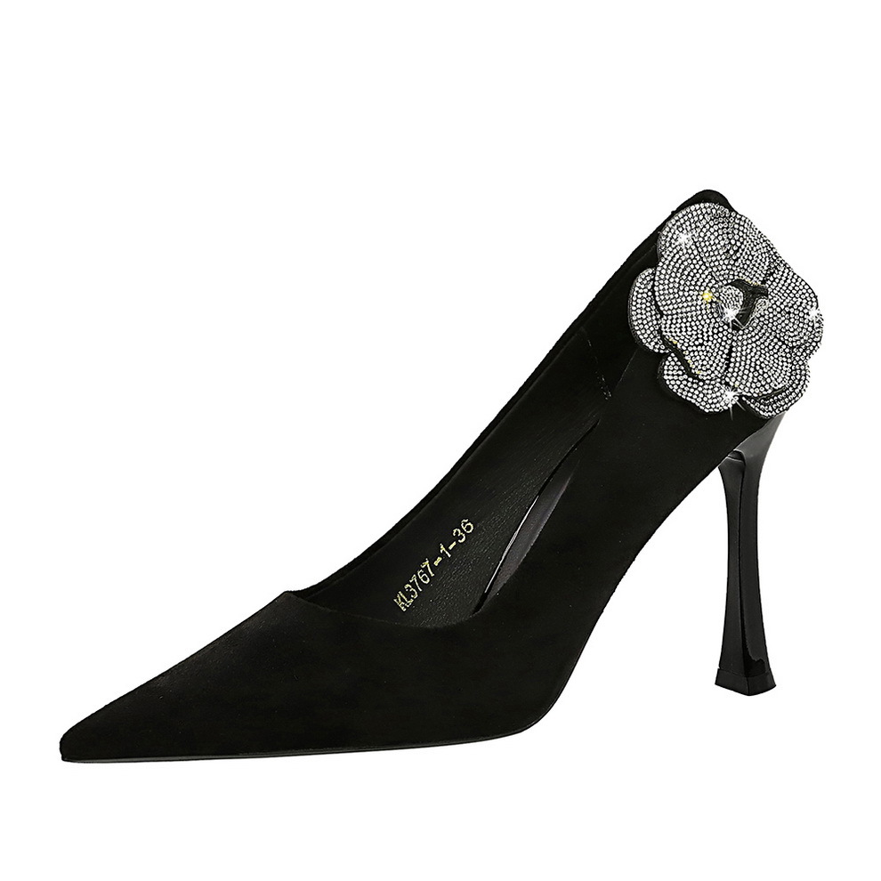 3767-H59L French pointed shallow high-heeled shoes with fine heels, suede, rhinestones, side flowers, single shoes, super high heels for women