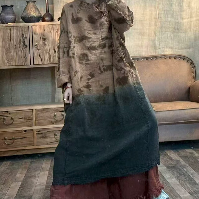2026 Autumn New Mid-Length Linen Printed Dress, Long Casual Skirt, Artistic Retro Versatile Dress