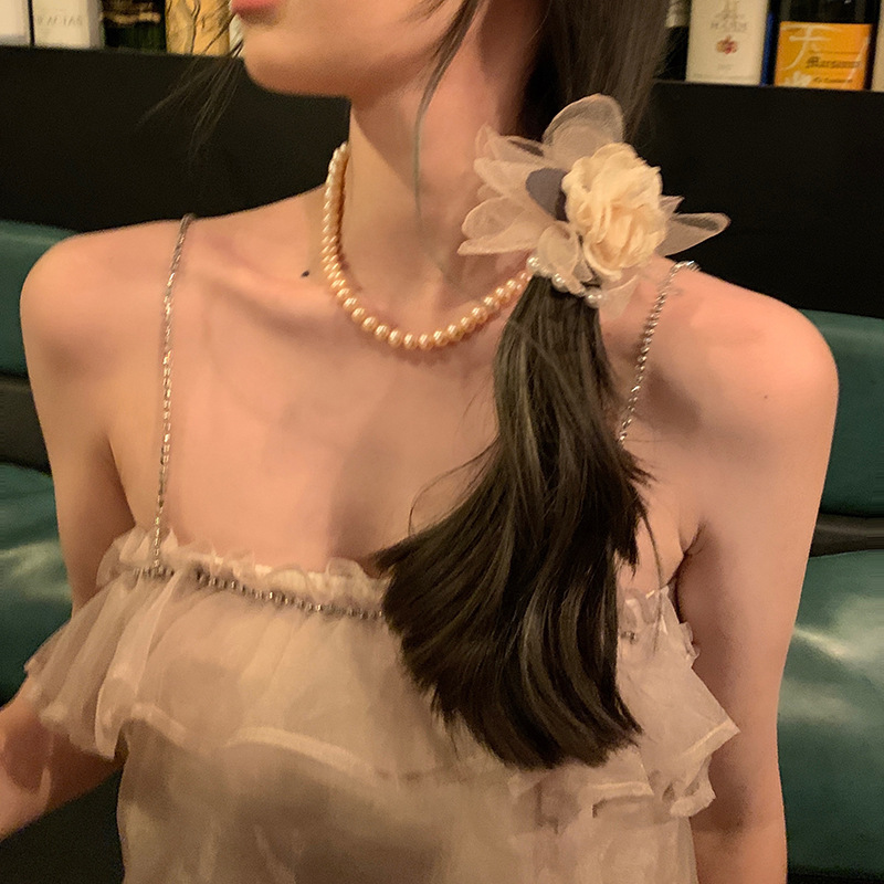 魔麗少女乾枯玫瑰花朵珍珠發繩女高級感小眾發圈法式氣質頭繩髮飾