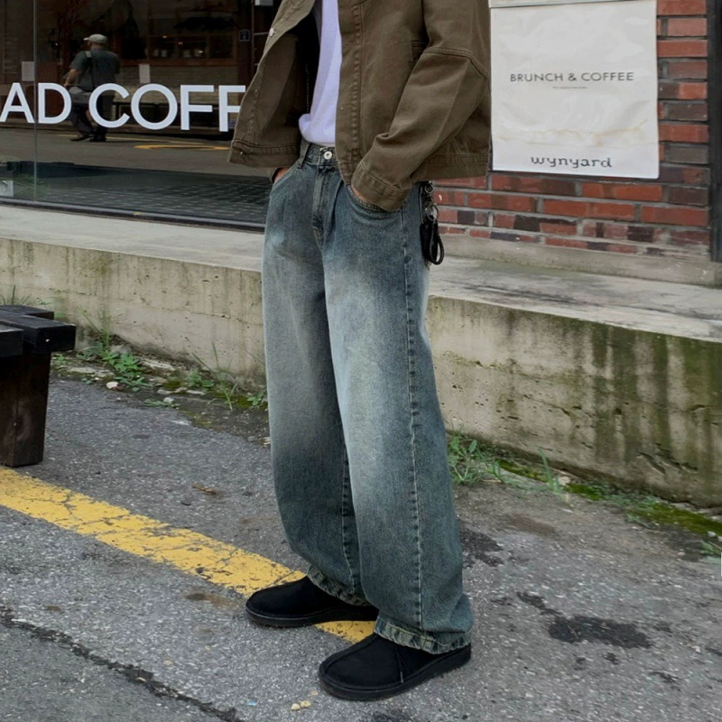 MYQ ретро синие прямые джинсы для похудения мужские Весенние длинные брюки Модные свободные градиентные широкие брюки в Корейском стиле