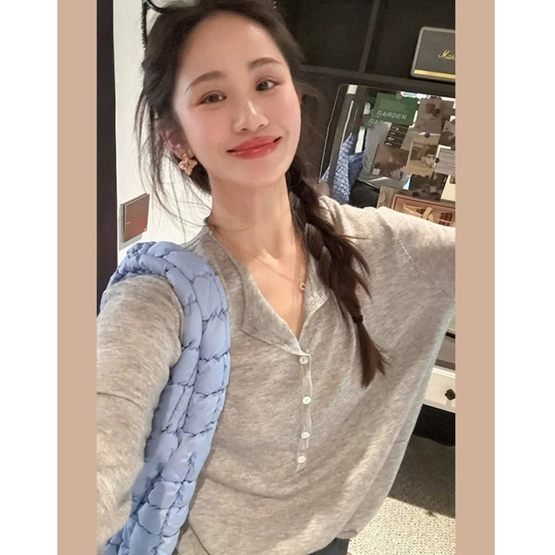 Ju Soft Semi-Buttoned Henry Long-Sleeve T-Shirt Knit Top for Women, Slightly Sheer, Loose Fit, Versatile Cover-Up