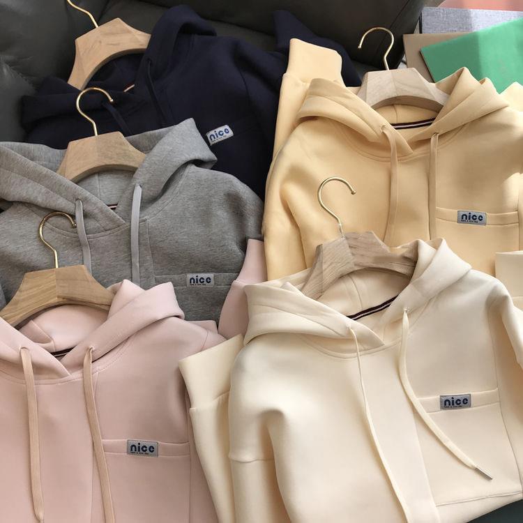 Women's Sweatshirt Thickened Fleece-Lined Jacket Letter Labeling Hooded Loose Pullover Instagram Popular Brand Sweatshirt Women's Jacket Autumn and Winter