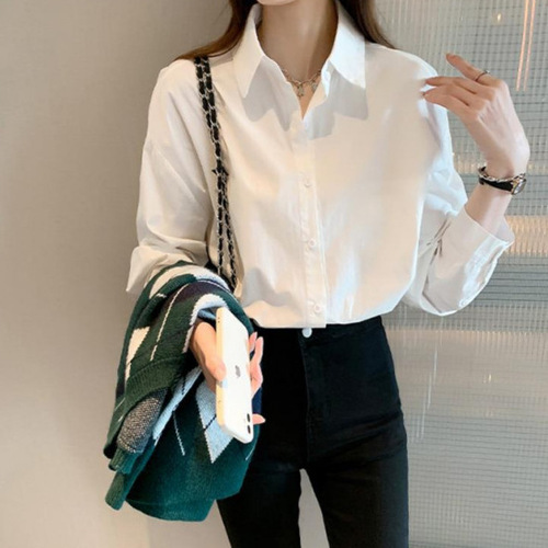 Basic long-sleeved white shirt for women, new versatile basic workwear, can be layered, retro-style women's shirt