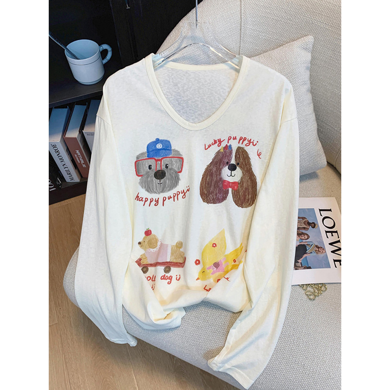 Cute Dog Print U-Neck Lightweight Long-Sleeved T-Shirt for Women, Spring and Autumn Loose Casual Lazy Top, Summer Sun Protection Cover-Up