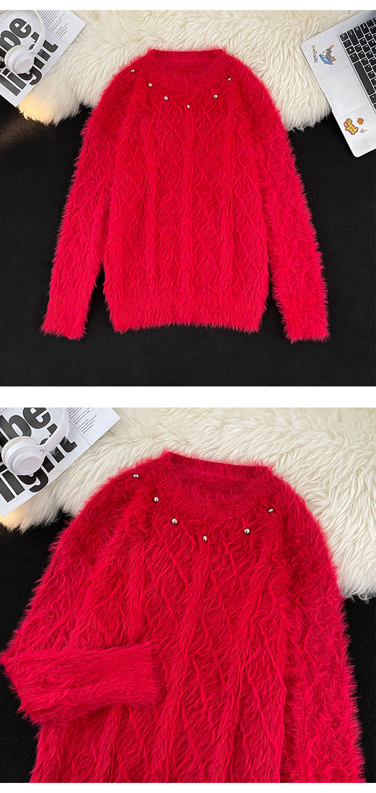 Men's Clothing mink sweater button flower design beaded high weight knitted sweater furry pullover lazy trend men_voghion.com