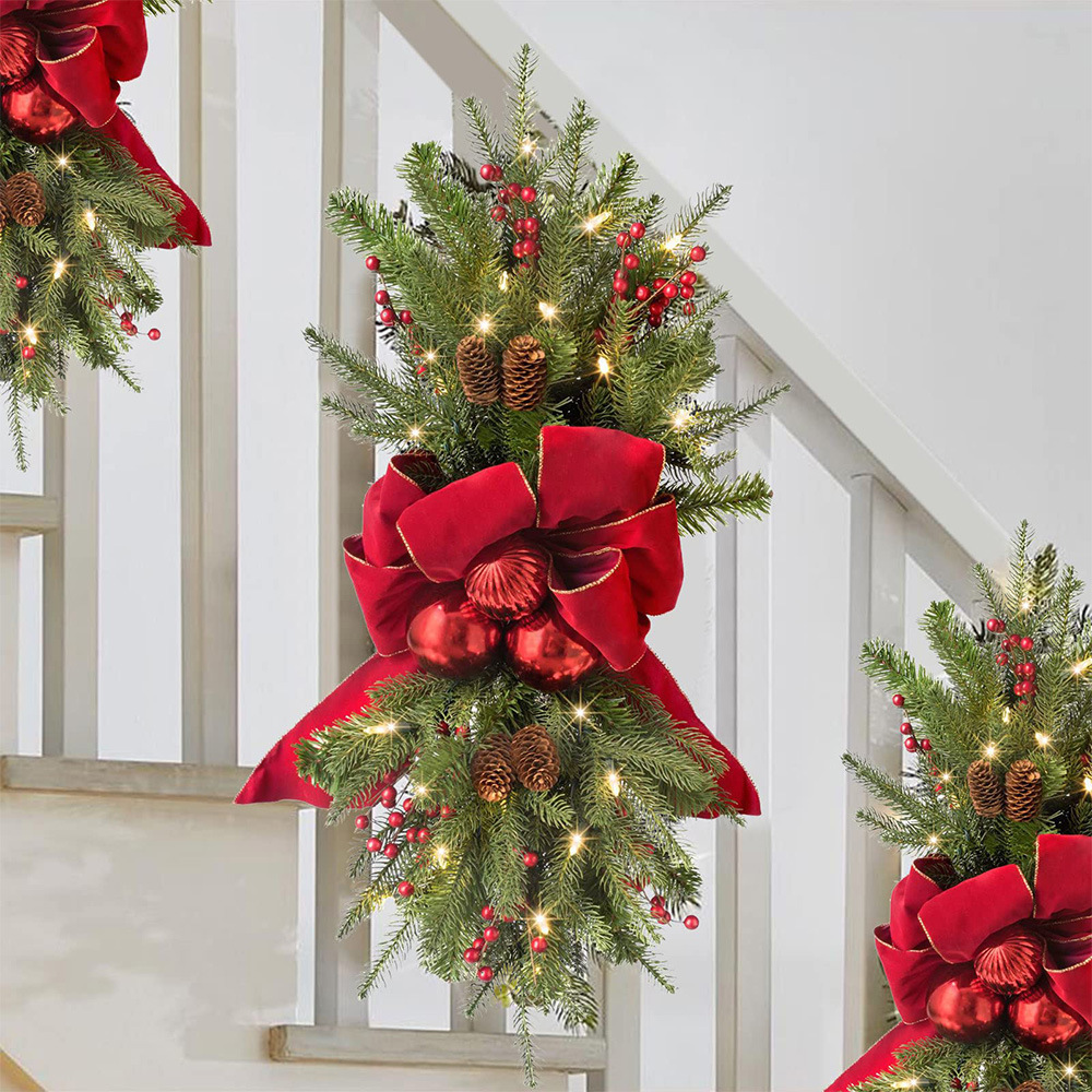 2022 Christmas Swag Flower Ring Wall Door and Window Hanging Berry Pine Cone Bow Hanging Decorations Door Wall Stairs Garland Decoration_voghion.com