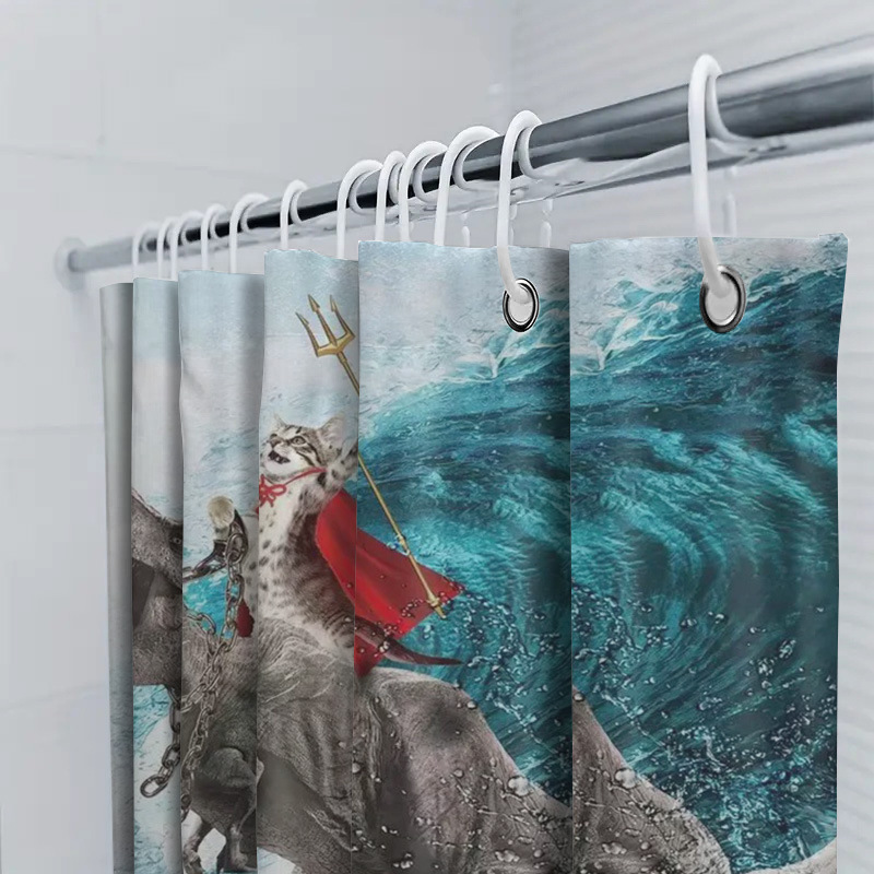 Divertida cortina de baño valiente gato sostiene tridente flecha montar tiburones en las olas ballenas gatos cortina de baño conjunto baño