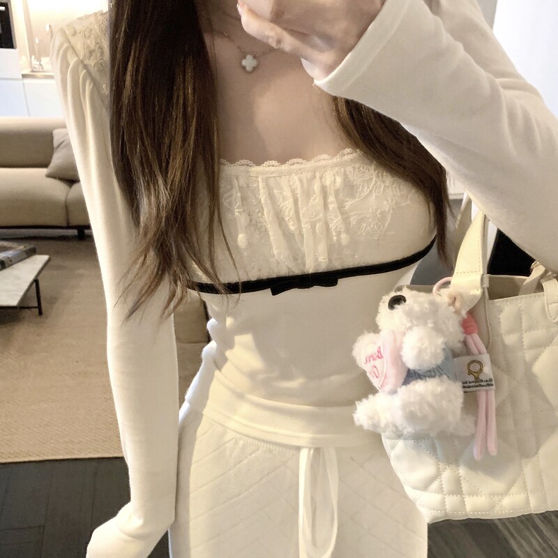 Panpan Dolly Antique Cute Pet Spliced Lace Bow Knitwear Women's Autumn and Winter Inner Knitwear Top