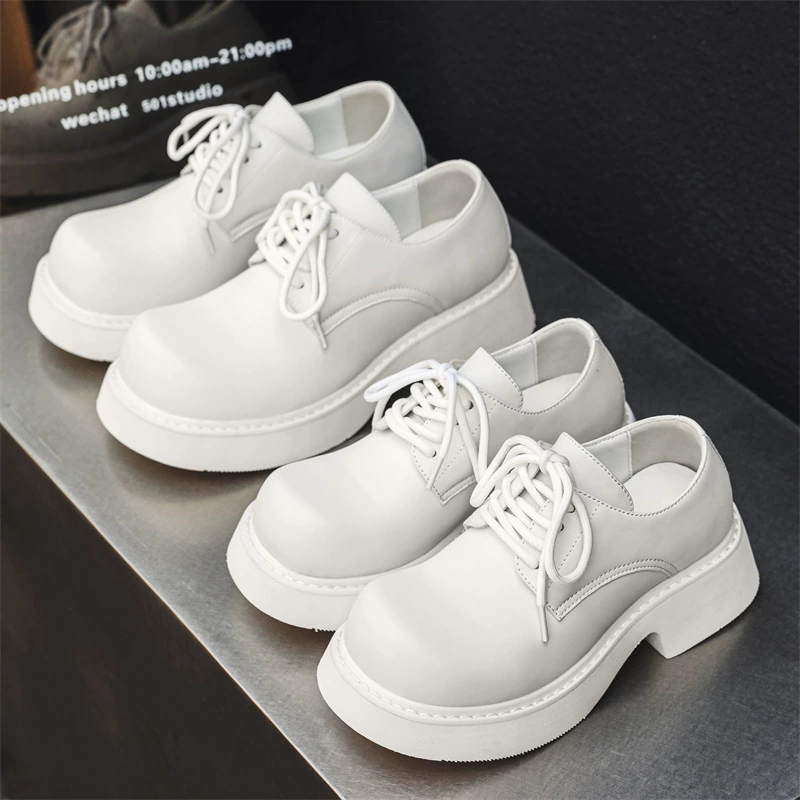 Новый дизайн уличного дерби Британские пары туфель на толстой подошве увеличены белые кожаные туфли дикие тенденции минималистичные кожаные туфли