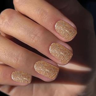 Glitter Short Square Wearable Nails Gold Glitter Fake Nails European and American Ins Style Cross-Border Nail Art Nail Pieces Batch