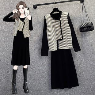 Factory Outlet 200 Jin Large Size Women's Fashion Suit Irregular Imitation Mink Velvet Vest Houndstooth V-Neck Dress