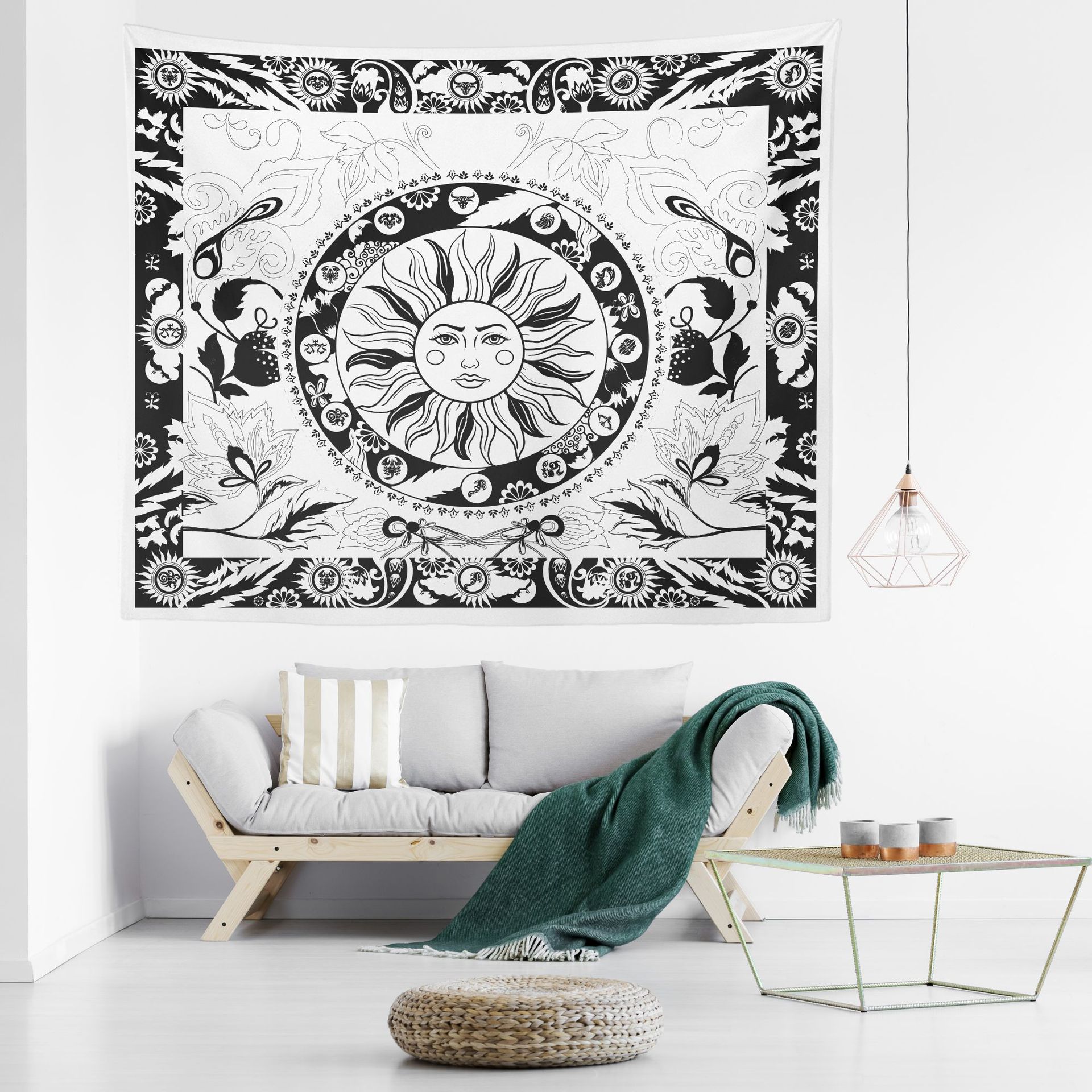 欧美风格黑白抽象太阳人脸花朵叶子客厅挂毯 卧室挂画