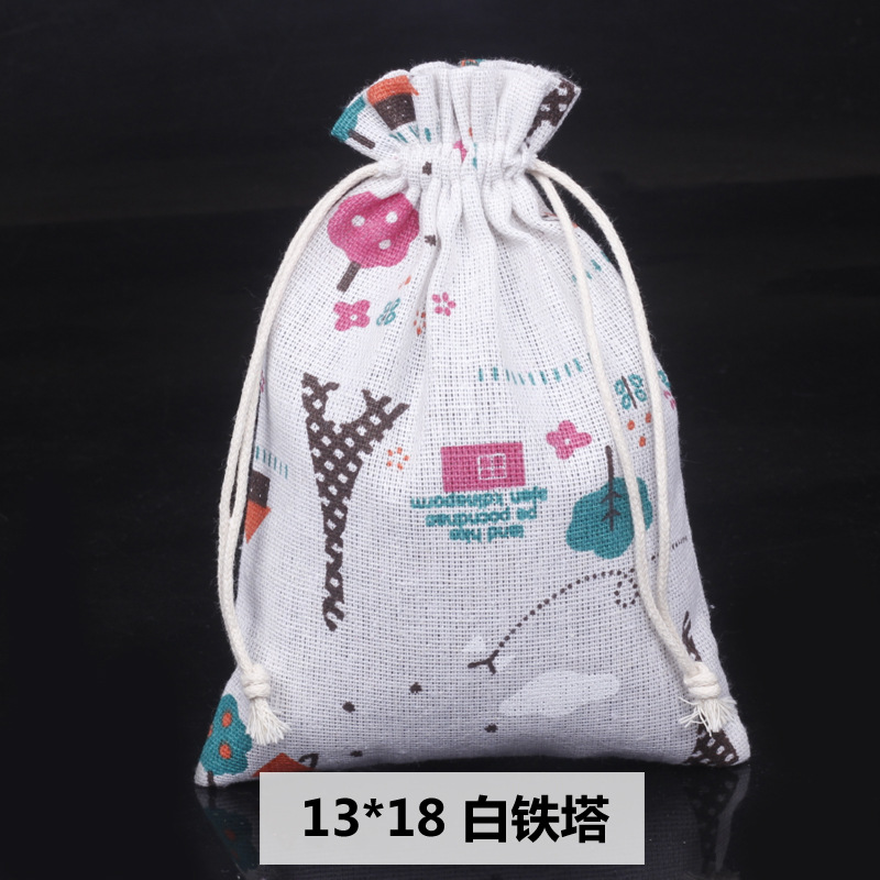 Ventas calientes de impresión de paquetes de cuerda de dibujo bolsas de impresión logotipo de lino bolsa de tela para el medio ambiente bolsa de almacenamiento de artículos 13 * 18