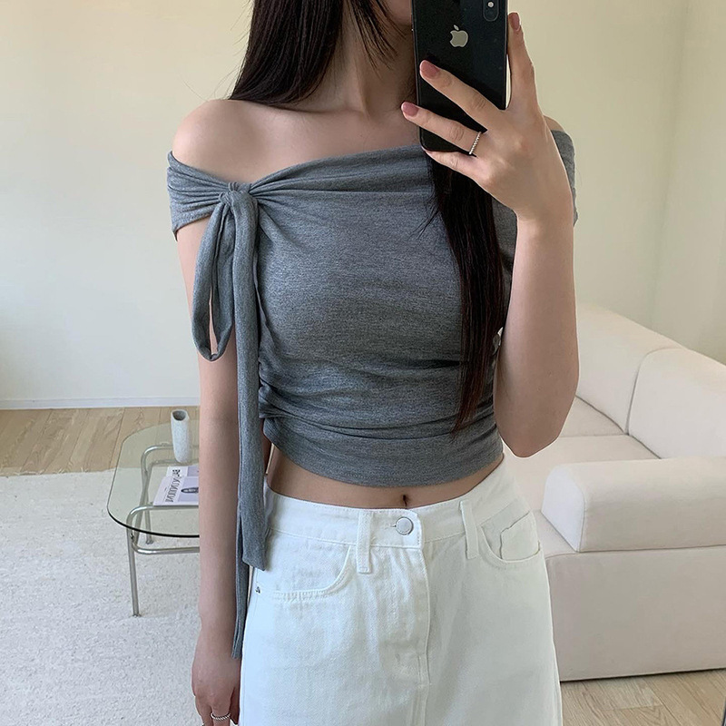 2026 Korean Version Of Chic Design Sense Asymmetrical Knotted Straps Off-the-shoulder T-shirt Pleated Waist Versatile Knitted Top_ecoleips.com
