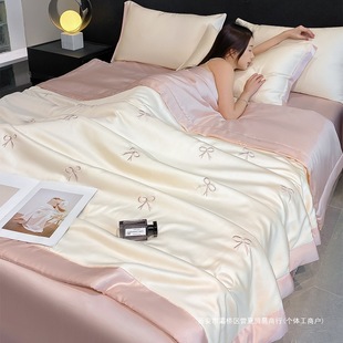 2024 Household Double Summer Quilt Four-Piece Set Korean Summer Ice Silk Embroidered Summer Quilt Washable Air-Conditioned Quilt Thin Quilt
