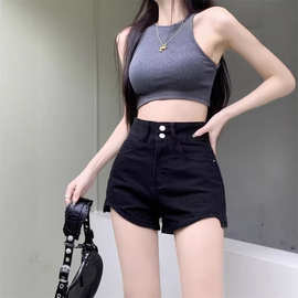 黑色高腰牛仔短裤女2025夏季新款辣妹美式简约显瘦双纽A字热裤子