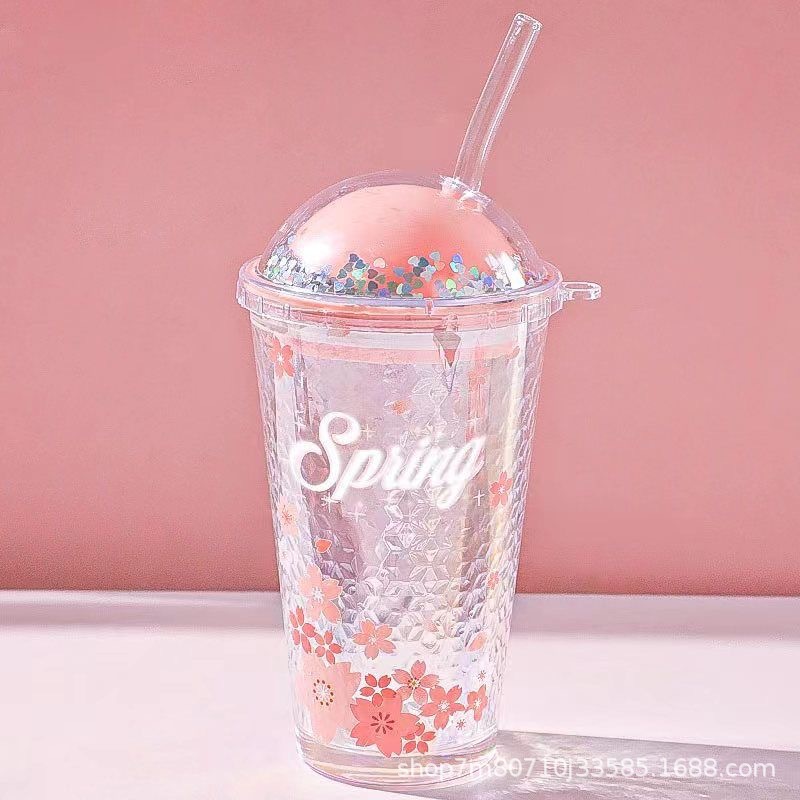Vidrio Patrón de martillo taza de paja de alto aspecto flor de cerezo taza de agua Internet celebridad paja taza estudiante taza de café taza de paja al por mayor